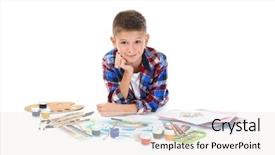  Presentation with art supplies - PPT theme featuring little boy with art supplies background and a white colored foreground
