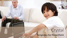  Presentation with grandfather - Slide set consisting of little boy with his grandfather at home using laptop background and a coral colored foreground