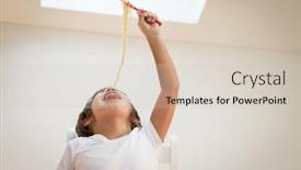  Presentation with spaghetti - PPT theme featuring little boy with long hair eating spaghetti background and a soft green colored foreground