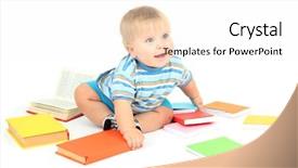 Presentation with tan book stack stacks of books - PPT layouts enhanced with little boy with multicolor books background and a white colored foreground