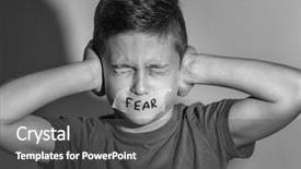  Presentation with grey black white - Amazing slide deck having little boy with taped mouth backdrop and a dark gray colored foreground