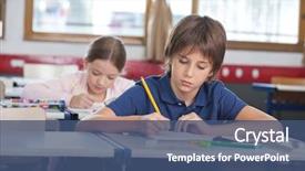  Presentation with writing notes - Amazing PPT layouts having little boy writing notes while backdrop and a ocean colored foreground