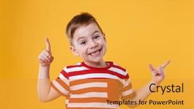  Presentation with fingers - PPT theme consisting of little boys - smiling happy boy pointing fingers background and a gold colored foreground