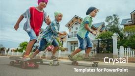  Presentation with boys scouts bbq - Colorful slide set enhanced with little boys on longboard skates backdrop and a gray colored foreground