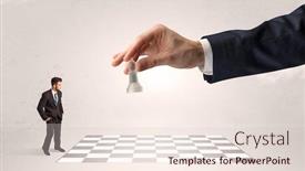  Presentation with strategy - PPT theme with little businessman thinking about chess strategy with a big hand concept background and a sky blue colored foreground