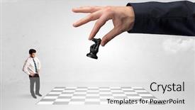  Presentation with strategy - Audience pleasing PPT theme consisting of little businessman thinking about chess backdrop and a  colored foreground