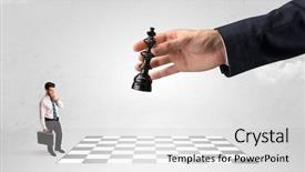  Presentation with strategy - Presentation theme with little businessman thinking about chess background and a  colored foreground