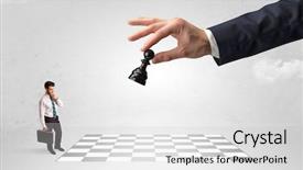  Presentation with strategy - Amazing presentation theme having little businessman thinking about chess backdrop and a  colored foreground