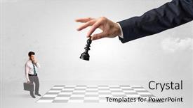  Presentation with strategy - PPT theme featuring little businessman thinking about chess background and a  colored foreground