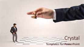  Presentation with strategy - Audience pleasing PPT layouts consisting of little businessman thinking about chess backdrop and a sky blue colored foreground