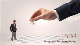  Presentation with strategy - Colorful PPT layouts enhanced with little businessman thinking about chess backdrop and a sky blue colored foreground