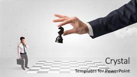  Presentation with chess in play - Slide deck with little businessman thinking about chess background and a white colored foreground