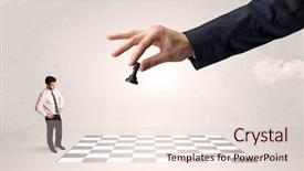  Presentation with strategy - Slide deck enhanced with little businessman thinking about chess background and a sky blue colored foreground