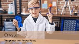  Presentation with prize - Presentation design having little-caucasian-boy-at-school background and a coral colored foreground