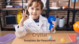  Presentation with prize - Presentation theme having little-caucasian-boy-at-school background and a coral colored foreground