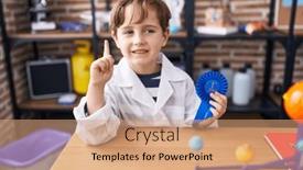  Presentation with prize - Presentation design featuring little-caucasian-boy-at-school background and a coral colored foreground