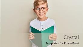 Presentation with book glasses - Cool new presentation design with little-caucasian-boy-kid-reading backdrop and a soft green colored foreground