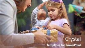  Presentation with birthday - Presentation design consisting of little-caucasian-girl-unwrapping-birthday background and a coral colored foreground