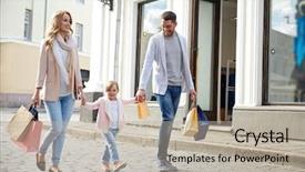  Presentation with family shopping - Presentation design featuring little child and shopping background and a mint green colored foreground