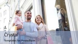  Presentation with family shopping - Cool new slide deck with little child and shopping backdrop and a light blue colored foreground
