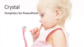  Presentation with baby teeth - Audience pleasing presentation theme consisting of little child baby brushing teeth brush face isolated on white studio shot backdrop and a sky blue colored foreground