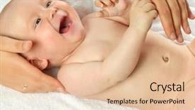  Presentation with child care - PPT theme featuring little child baby smiling closeup portrait lying on white towel studio shot mother's hands care happy background and a lemonade colored foreground