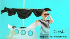  Presentation with ship - Cool new PPT theme with little child boy playing with cardboard ship on blue wall background backdrop and a arctic colored foreground