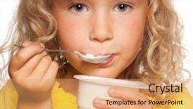  Presentation with yogurt - PPT theme having little child eating yogurt background and a coral colored foreground