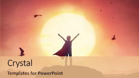  Presentation with child superhero - PPT theme with little child girl is playing superhero child on the background of sunset sky girl power concept background and a coral colored foreground
