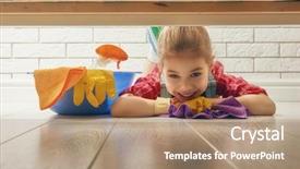  Presentation with cute - PPT theme with little child girl makes cleaning background and a coral colored foreground
