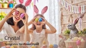  Presentation with displaying a happy mother cudd - PPT layouts enhanced with little child girl wearing bunny background and a coral colored foreground