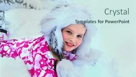  Presentation with child tree - PPT theme with little child girl wearing winter clothes lying in snow near tree background and a sky blue colored foreground
