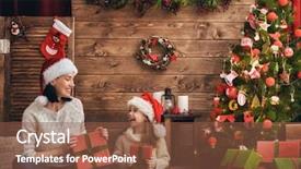  Presentation with merry christmas - PPT layouts having cute daughter girl exchanging gifts background and a tawny brown colored foreground