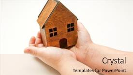  Presentation with white house - Presentation design having little child holds wooden house background and a coral colored foreground