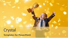  Presentation with winner cup - Presentation design featuring little child is winner kid background and a yellow colored foreground