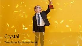  Presentation with winner cup - Presentation theme with little child is winner kid background and a gold colored foreground