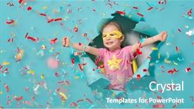  Presentation with child superhero - Cool new theme with girl power concept yellow pink backdrop and a teal colored foreground