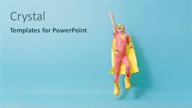  Presentation with girl power - Cool new PPT layouts with little-child-playing-superhero-kid backdrop and a light blue colored foreground