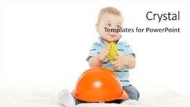  Presentation with yellow orange - Slide set with little child plays with orange construction protective helmet and huge yellow protective eyeglasses on a white background profession - future builder background and a white colored foreground