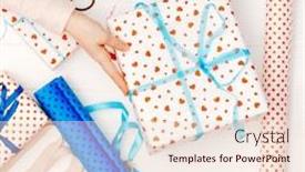  Presentation with an open gift box - Presentation featuring little child's hand with ribbon box with a gift on white table top view background and a lemonade colored foreground