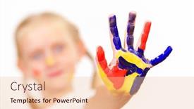  Presentation with colorful hand prints - Theme having little child with hands painted in colorful paints ready for hand prints background and a lemonade colored foreground