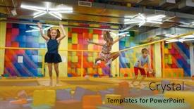  Presentation with fun - Colorful presentation theme enhanced with little children having fun on kids trampoline backdrop and a gold colored foreground