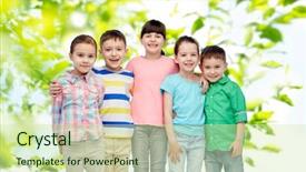  Presentation with green fashion - Slides having little children hugging over green background and a  colored foreground