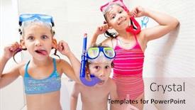  Presentation with play children - PPT theme with little children in swimsuits play in the bathroom like in the sea background and a coral colored foreground