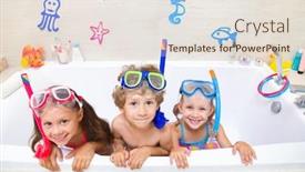  Presentation with play children - Slide deck having little children in swimsuits play in the bathroom like in the sea background and a lemonade colored foreground
