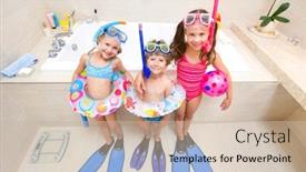  Presentation with play children - PPT theme having little children in swimsuits play in the bathroom like in the sea background and a soft green colored foreground