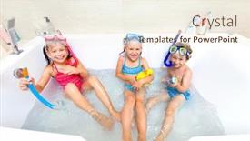  Presentation with play children - Amazing theme having little children in swimsuits play in the bathroom like in the sea backdrop and a cream colored foreground