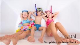  Presentation with play children - Colorful slide set enhanced with little children in swimsuits and diving equipmen play in the bathroom like in the sea backdrop and a coral colored foreground