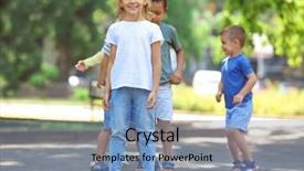  Presentation with children little child girl plays - Cool new presentation design with little children playing hopscotch outdoors backdrop and a teal colored foreground