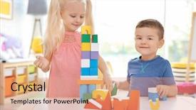  Presentation with colour blocking building blocks - Presentation with little children playing with blocks background and a coral colored foreground